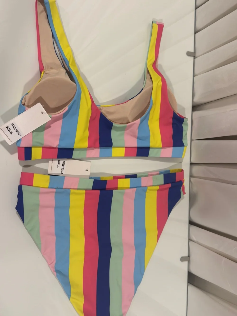 Blushing Brunette Vertical Stripe Scoop Bikini Top & High Waist Bottoms